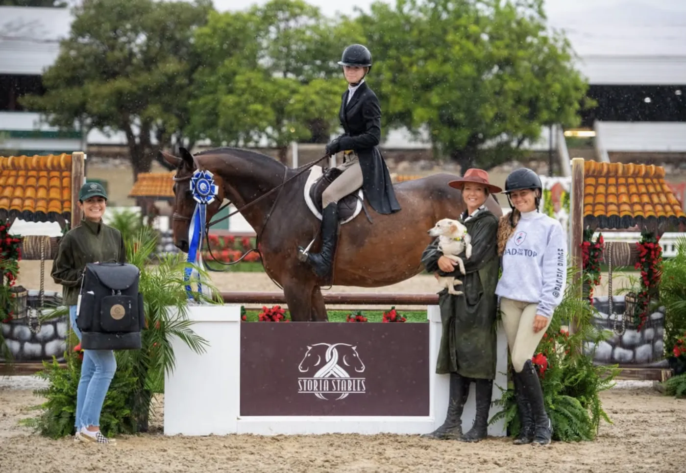 Blue ribbon victory ceremony at a horse show